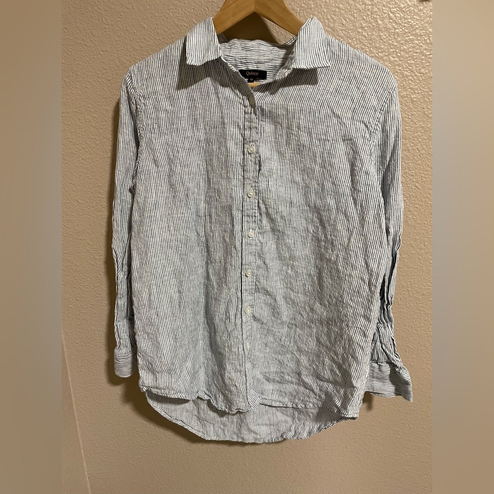 Quince White and Blue Striped Button-Down Linen Shirt